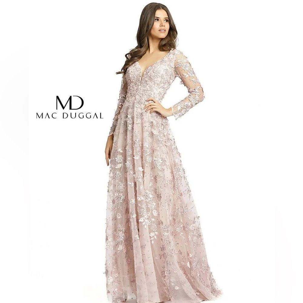 MAC DUGGAL Women's Floral Applique Long Sleeve Illusion Gown/ size 18